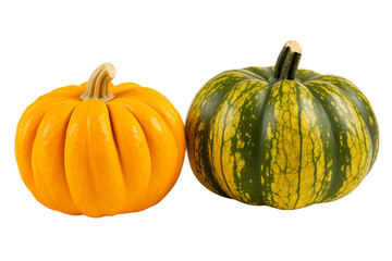 Autumn pumpkins in green and orange tones, isolated on transparent background.
