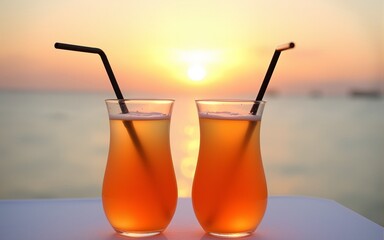 Two orange drinks with straws on white table by water, sunset casting warm glow over the horizon. High quality