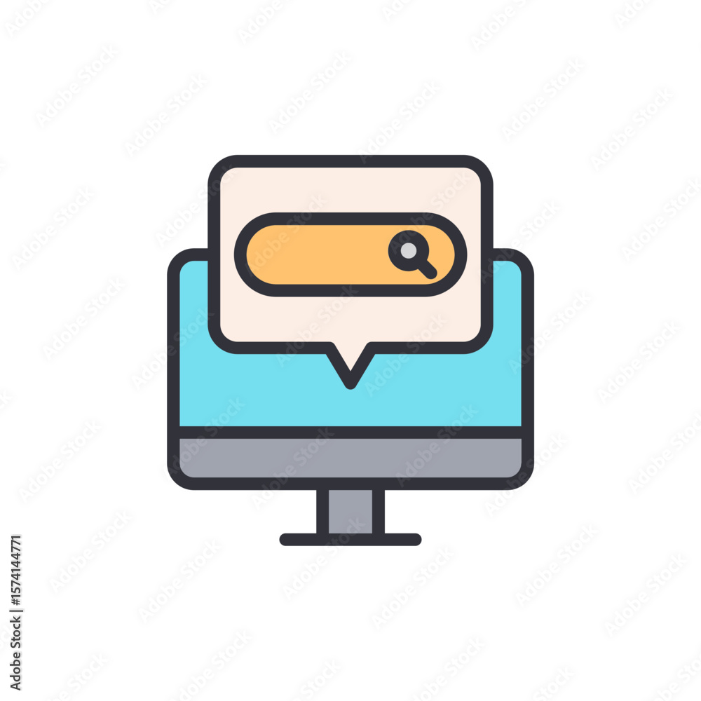 Poster digital search interface on monitor with message bubble in trendy design