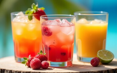 refreshing summer drinks with ice fruits and vibrant colors. High quality