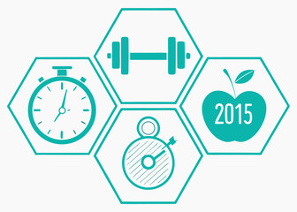 Teal Fitness Icons in Hexagons on White Background