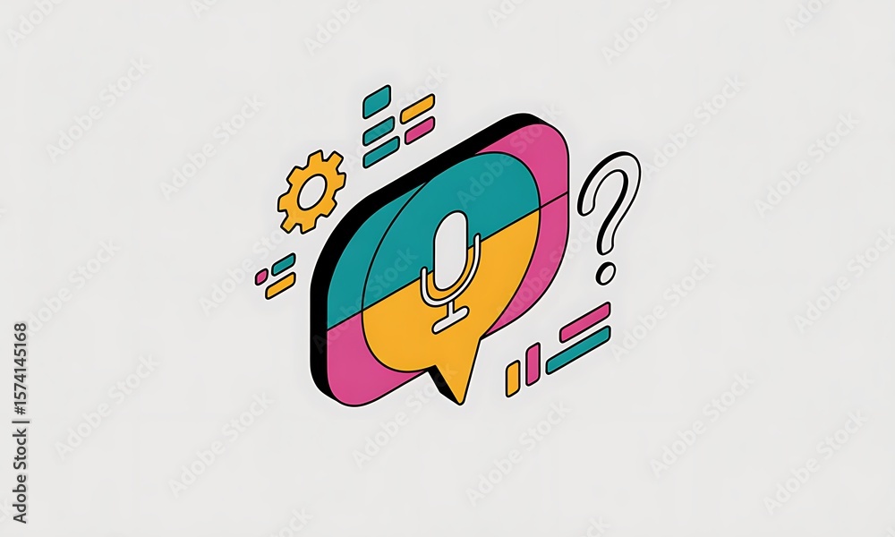 Poster microphone icon represents voice assistant queries with question mark, in a modern style and with sp