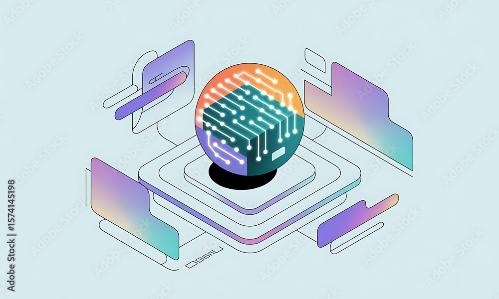 Fototapete Futuristic AI Core Renders, showcasing advanced technology and artificial intelligence on a platform with gradient colors, with copy space.