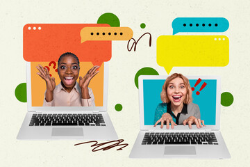 Poster sketch image artwork 3D collage of laptop video call twp young lady excited smile type...