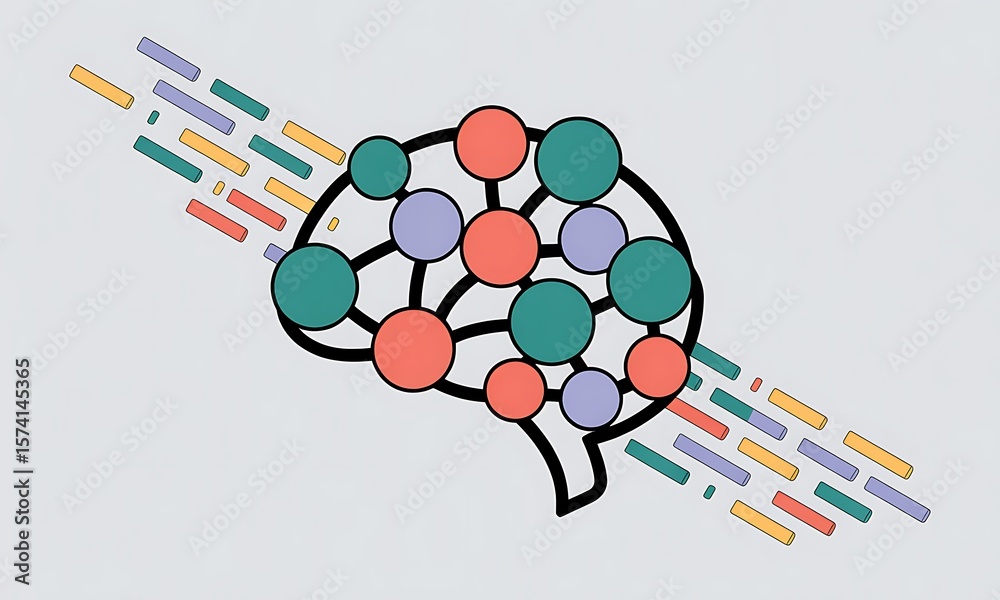 Poster brain model illustrates neural connections with data flowing through, symbolizing ai and learning pr
