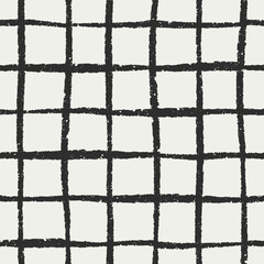 Grid pattern. Seamless design with irregular square print, line drawings. Scribble checkered background, texture in black and white minimalist style. Endless hand-drawn vector illustration for textile