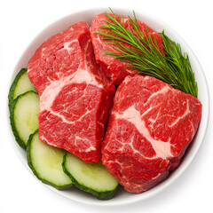 Fresh cuts of beef with cucumber slices. Juicy pieces of beef are arranged in a bowl with fresh cucumber slices and a sprig of herbs for garnish.