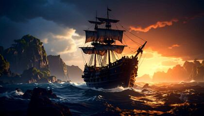 île au trésor, voilier au coucher du soleil d'après l’œuvre de Stevenson