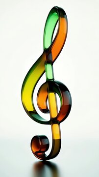 An intricately designed glass treble clef showcases its vivid hues of green, orange, and gold in a studio environment, beautifully capturing the essence of music through art.