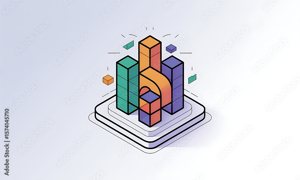 Poster isometric bars represent data analytics on platform, showcasing business growth, with copy space for
