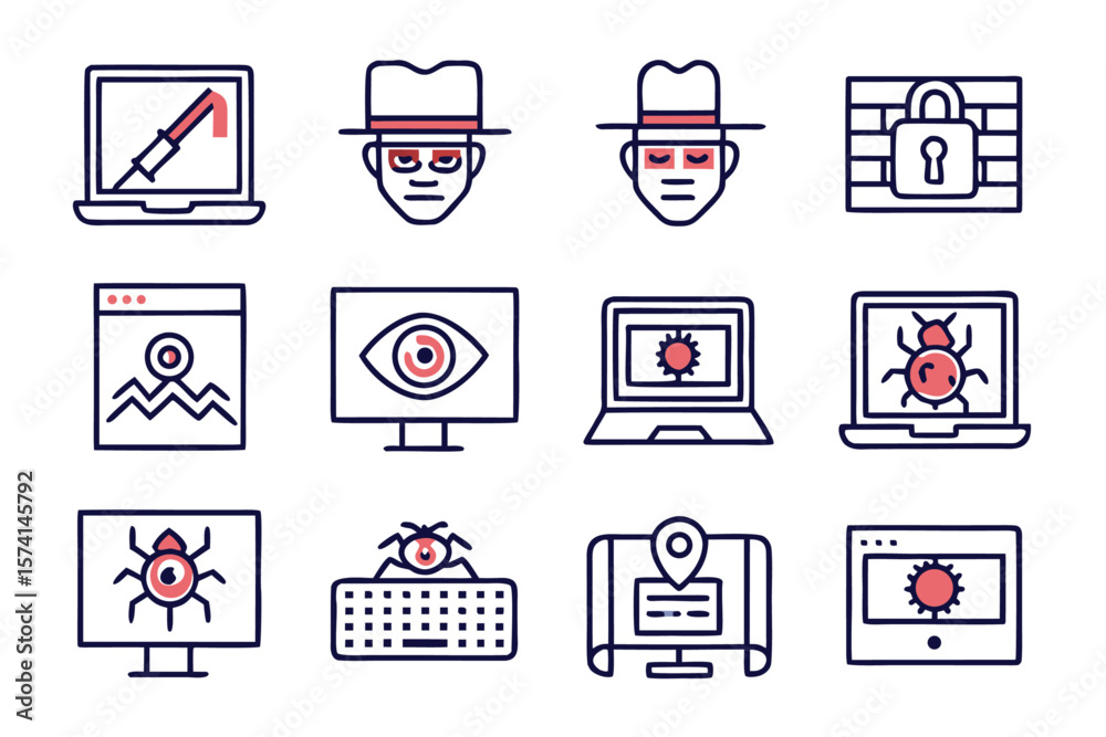 Poster collection of digital security and espionage symbols featuring a clandestine operative using a porta