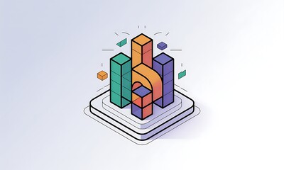 Isometric Bars Represent Data Analytics on Platform, showcasing business growth, with copy space for presentation and data visualization.