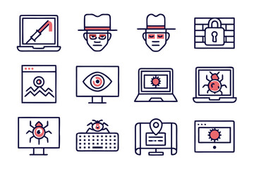 Collection of digital security and espionage symbols featuring a clandestine operative using a portable computing device with various related thematic elements for tech savvy audiences