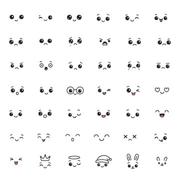 Adorable set of kawaii facial expressions vector illustrations featuring unique cartoon faces expressing various emotions including happiness, sadness, anger, and surprise. World Emoji Day