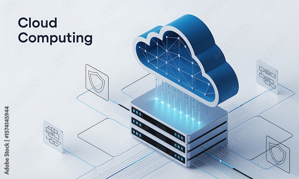 Poster Cloud Computing Server Renders Data Flow in Isometric Style, showcasing network security and digital transformation with copy space.