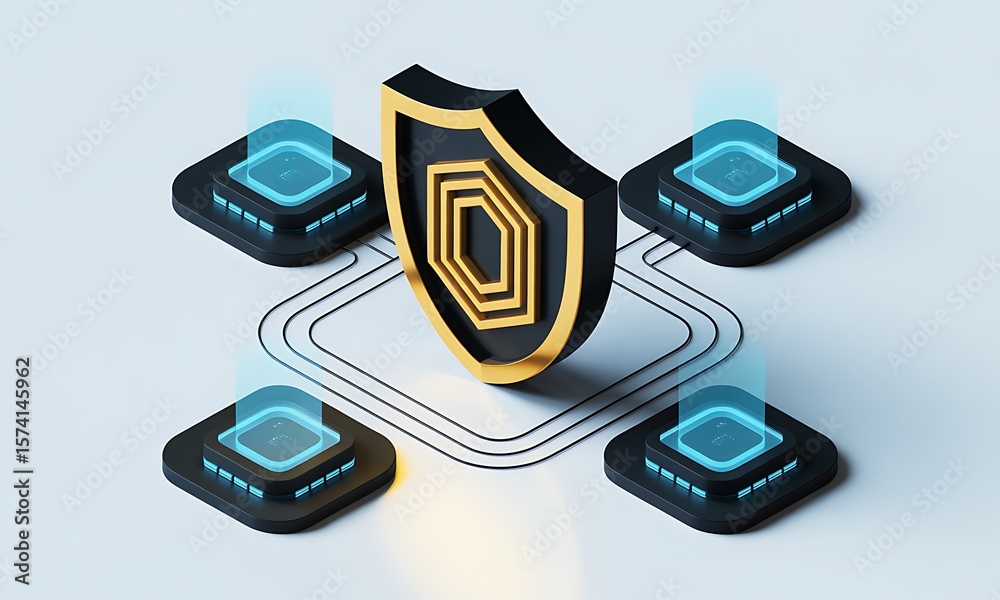 Poster secure shield protects network nodes, symbolizing cybersecurity defense with copy space, in a 3d ren