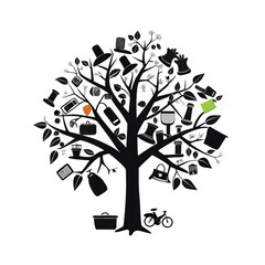 Upcycled Household Items Tree Black Vector Illustration