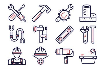 Obraz premium Comprehensive collection of building and repair equipment symbols featuring hammers wrenches and safety gear ideal for construction themed projects and industry applications