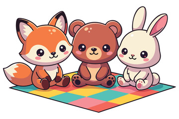 Cute cartoon animals sitting on a colorful mat, vector illustration, children's design