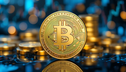 “Close-Up of Gold Bitcoin Coin with Circuit Design and Financial Charts Representing Cryptocurrency Investment”