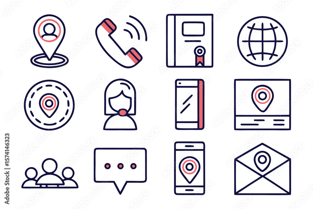 Poster minimalist linear contact communication symbols collection featuring essential connection elements f