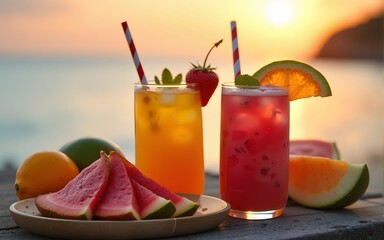 Vibrant summer food and tropical drinks, tropical drinks with vibrant summer food, refreshing vibrant summer food and tropical drinks. Refreshing tropical drinks served by the beach during sunset.
