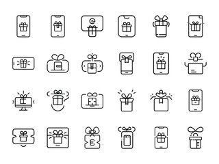 E-Gift Icon Silhouette Collection – Minimal Line Icons of Digital Gift Cards, Online Presents, and Mobile Gift Packages in Modern Style on White Background – Ideal for E-Commerce, Apps, and Digital Re