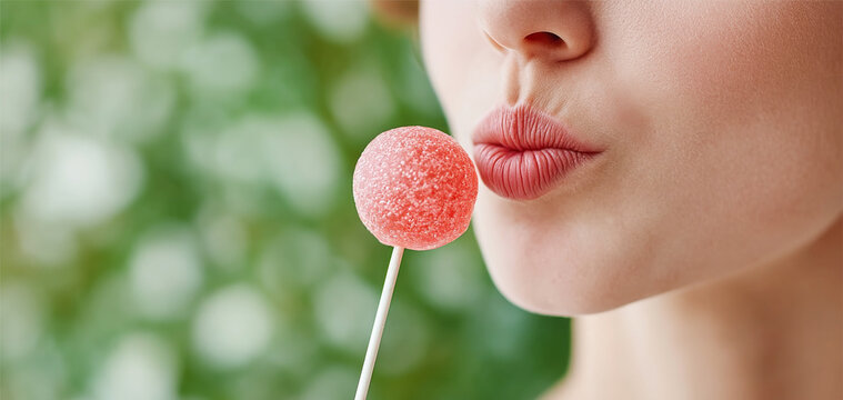 Enjoying a sweet lollipop treat outdoors. A young woman holds a colorful lollipop close to her lips while enjoying a sunny day in a natural setting.