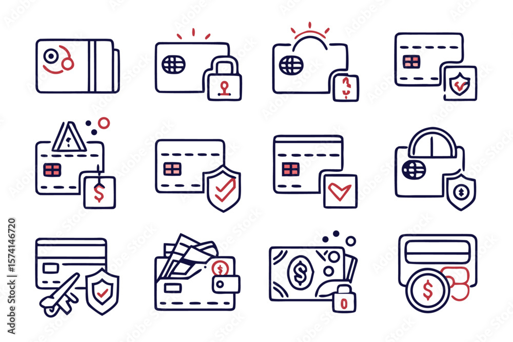 Poster a curated collection of minimalist line art symbols representing various financial transactions and 