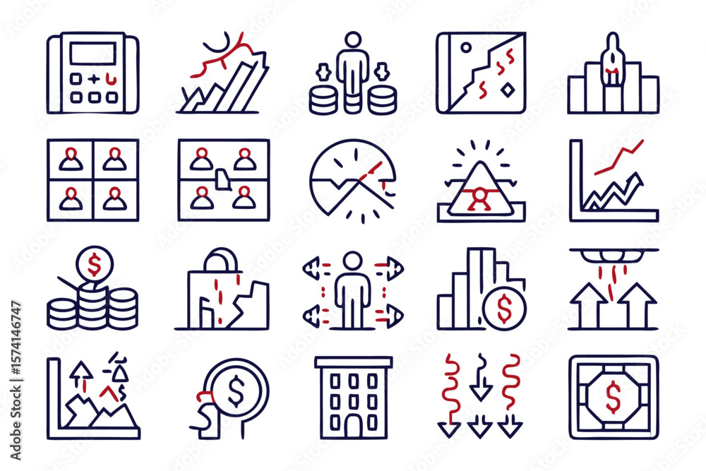 Poster comprehensive collection of crisis management symbols including elements representing failure loss a