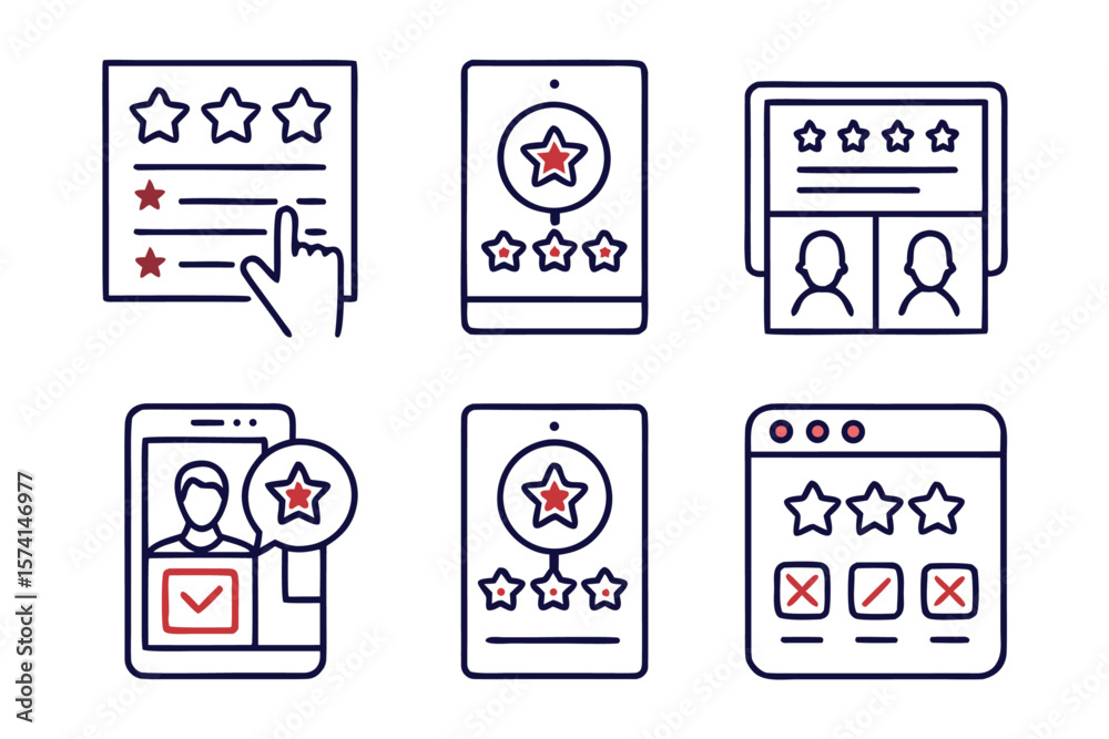 Poster comprehensive collection of clean modern line art symbols representing customer satisfaction feedbac