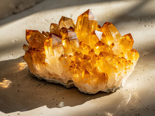 citrine crystal cluster illuminated by golden hour light