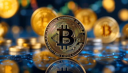 “Close-Up of Gold Bitcoin Coin with Circuit Design and Financial Charts Representing Cryptocurrency Investment”