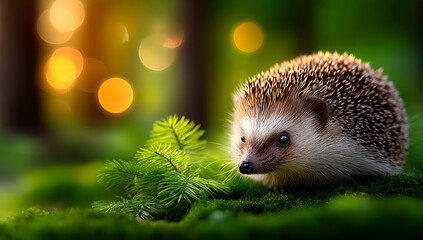Fototapeta premium Hedgehog in a colorful forest. A hedgehog curiously roams among lush green moss and small plants while soft lights twinkle in the background.