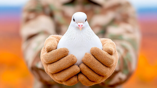 White dove held gently in hands outdoors. A person in camouflage gloves cradles a white dove with care in a vibrant, outdoor setting during daylight.