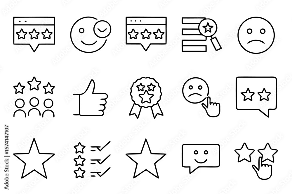 Poster comprehensive collection of clean line art symbols representing customer satisfaction feedback and u