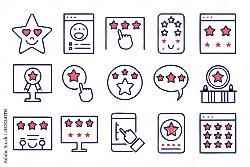 Poster comprehensive collection of clean line style symbols representing customer satisfaction feedback and