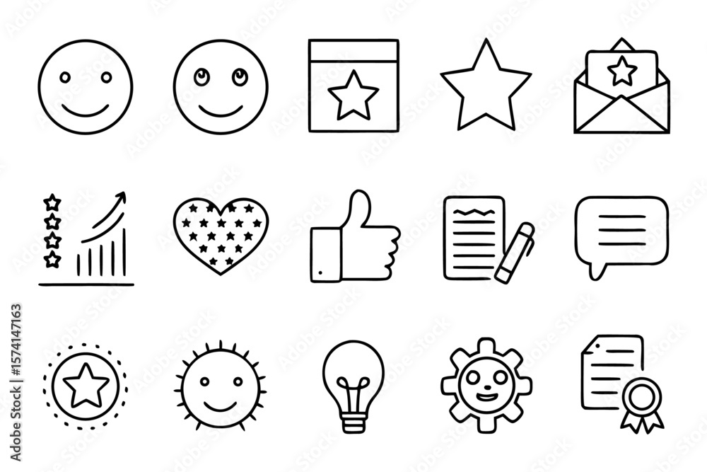 Poster comprehensive collection of clean line art symbols representing customer satisfaction and feedback f