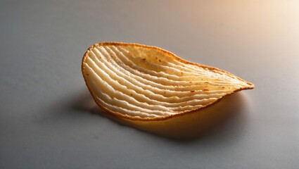 A single, perfectly ruffled potato chip, golden brown and crispy, rests on a neutral surface, spotlighting delicious snack food and texture