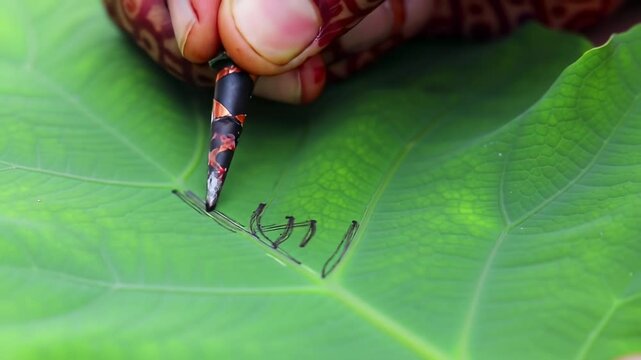 Hand writing on green leaf