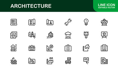 Architecture and Building Line Icon Set – Modern Professional Vector Icon Collection for Architects and Construction Design Projects