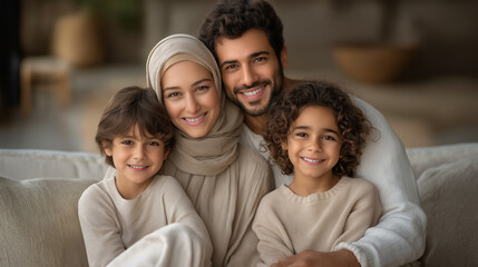 A happy Arabic family enjoying quality time together on a couch