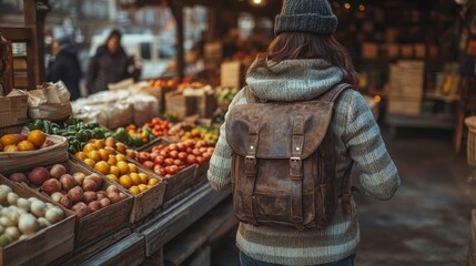 Woman walking down the street with a backpack bustling market travel concept