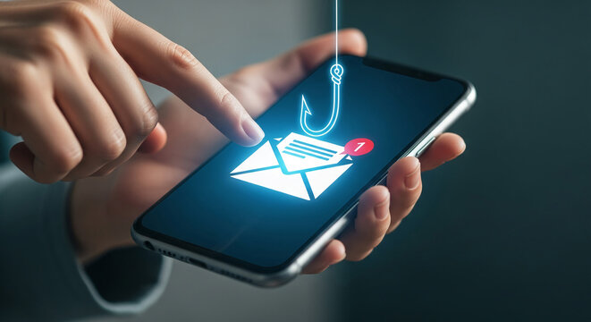 Smartphone displaying email with fishing hook, symbolizing phishing scam risk, online security threat, digital danger, caution needed