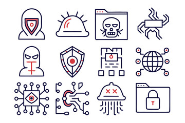 Comprehensive collection of clean modern and editable outline symbols representing various aspects of digital protection and network defense for technological applications