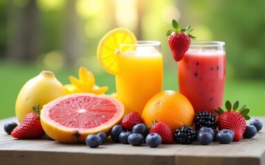 Bright and colorful fruit medley with refreshing drinks in a summer landscape setting. High quality