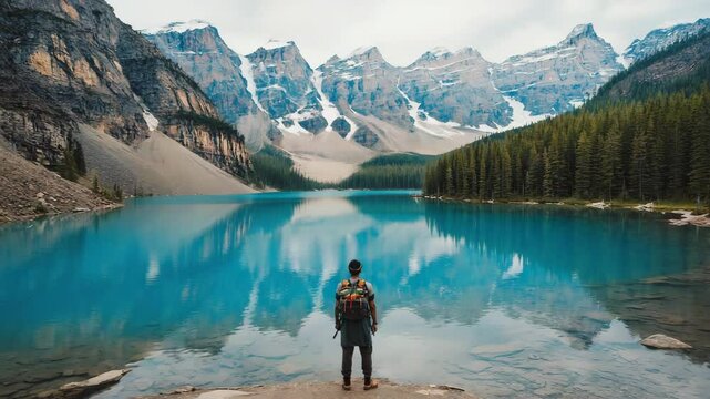 A lone man stands by a calm alpine lake surrounded by forests and mountains, with blue skies reflecting on the water. Perfect for nature, hiking, scenic views, outdoor adventure, and travel projects.