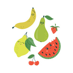 Cute characters. Funny emotional fruits print including avocado, watermelon, pear, banana, apple, lemon. Hand drawn flat design vector illustrations.
