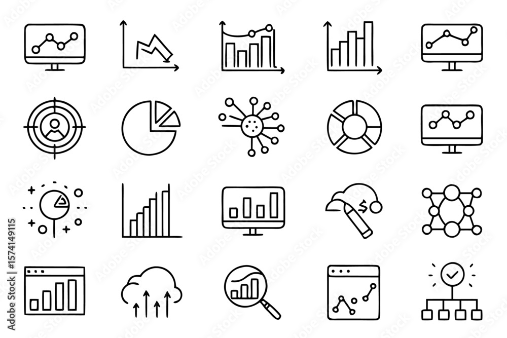 Poster comprehensive collection of clean modern line style icons for data analysis and web applications fea