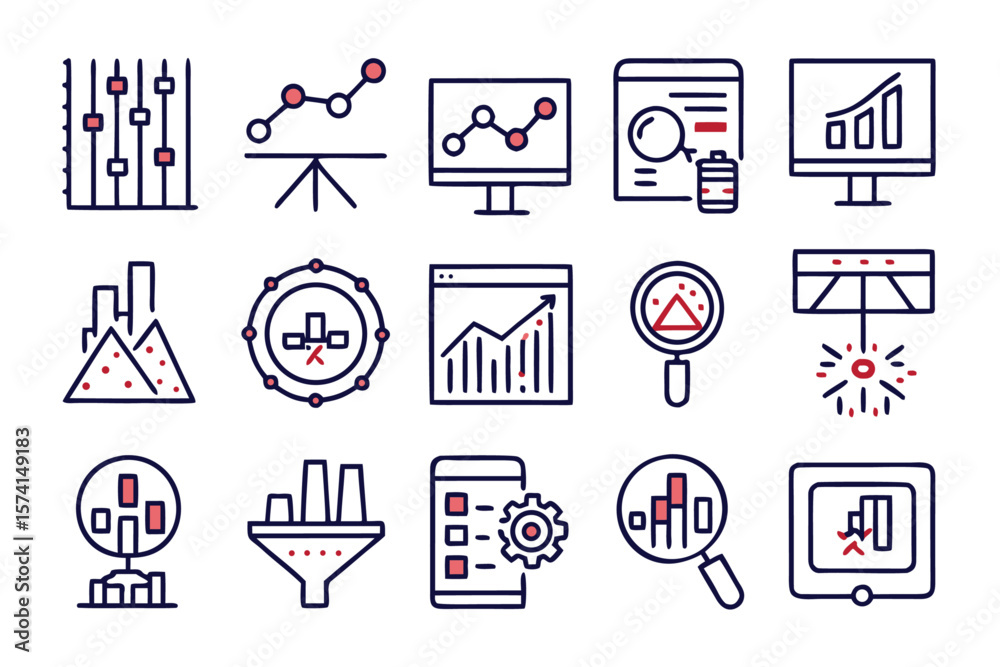 Poster comprehensive collection of minimalist data analytics symbols and graphics featuring essential busin